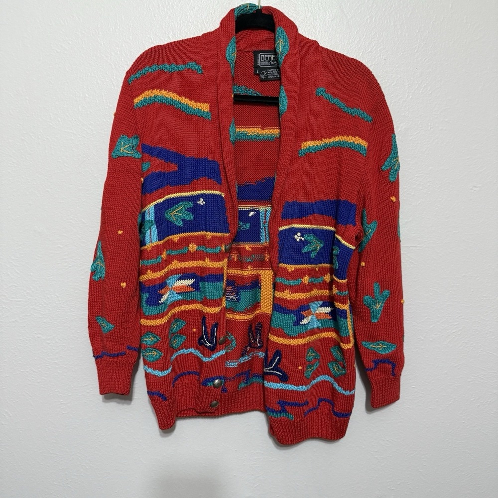 Berek Marta D Cardigan Hand Knit Southwestern Red Pima Cotton Sweater Vintage